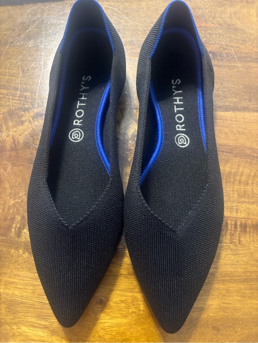 Rothy's Black Pointed Knit Flats with Blue Trim